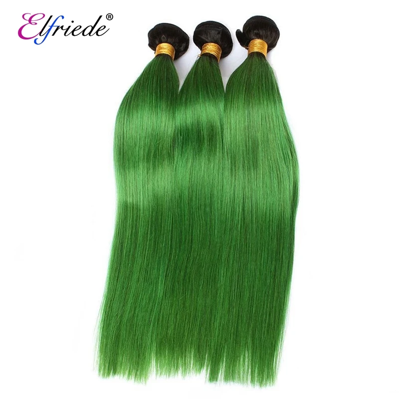 Elfriede #1B/Green Straight Hair Bundles with 4X4 Lace Closure Brazilian 100% Remy Human Hair Extensions 3 Bundles with Closure