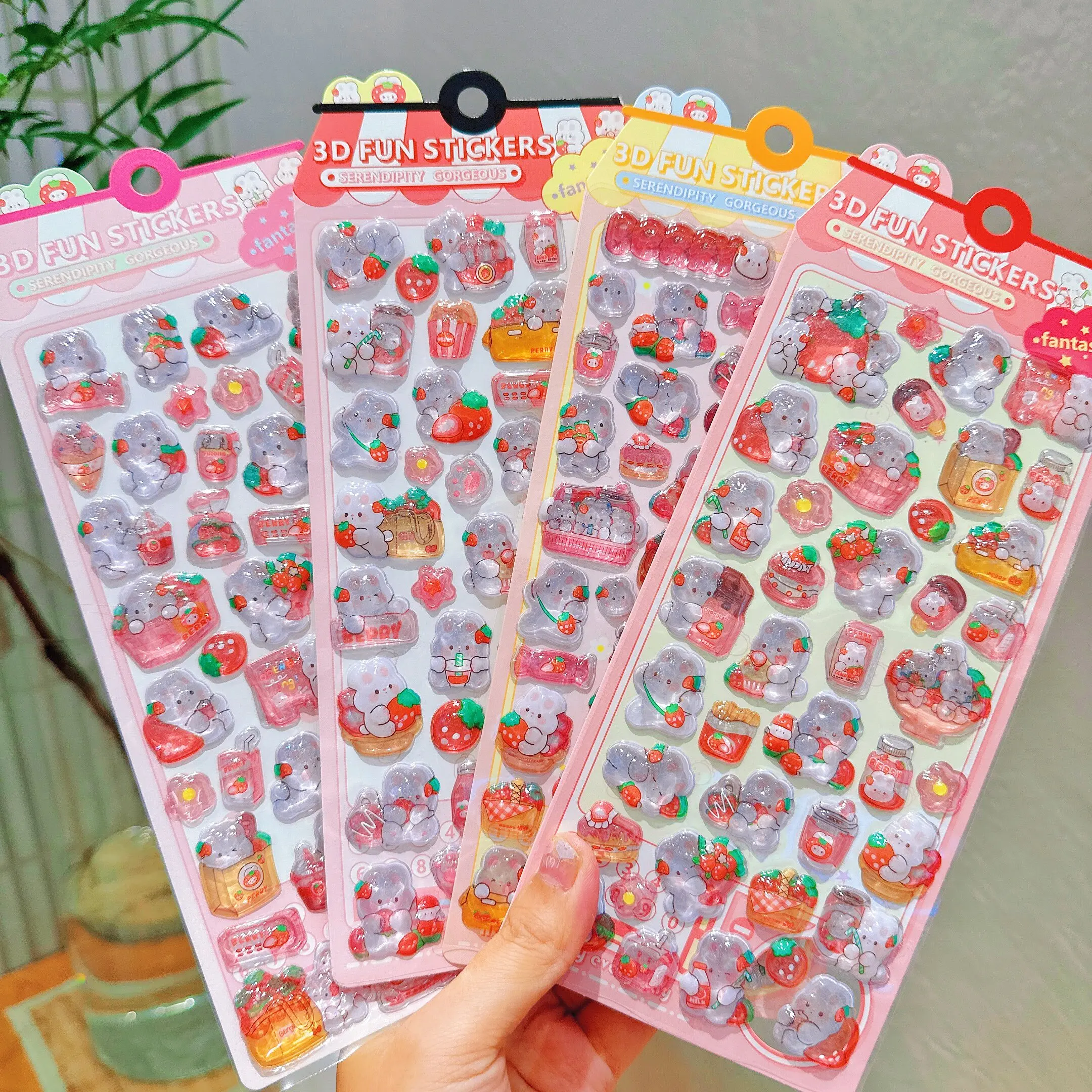 

1 pc/4 pcs Cute Strawberry Rabbit 3D Relief Stickers Scrapbooking Diy Journal Stationery Sticker Deco School Supplies Gift