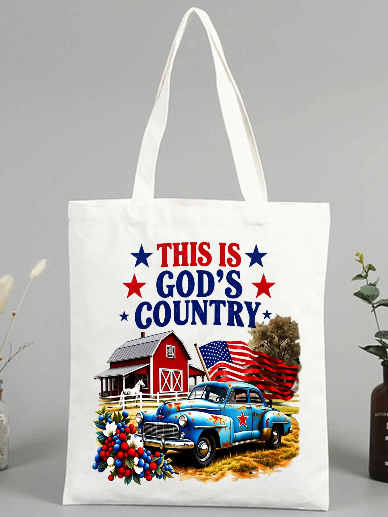 Women's vintage graphic canvas tote bag with retro car, barn and flag print, ideal for casual outings and daily use
