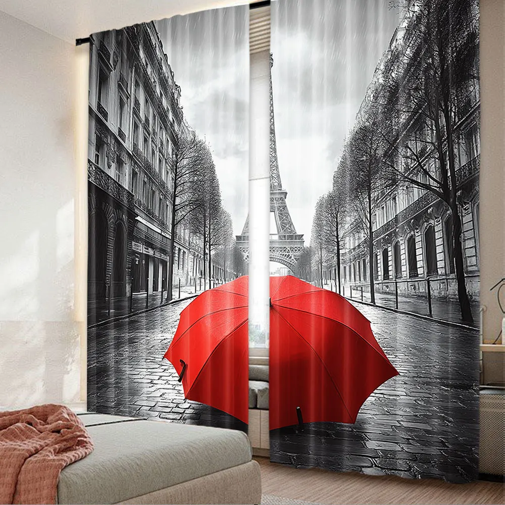 2Pcs Eiffel Tower Curtain Red Umbrella Paris France Street Landscape For Bedroom Living Room And Dining Room A 29.53X65.35In,