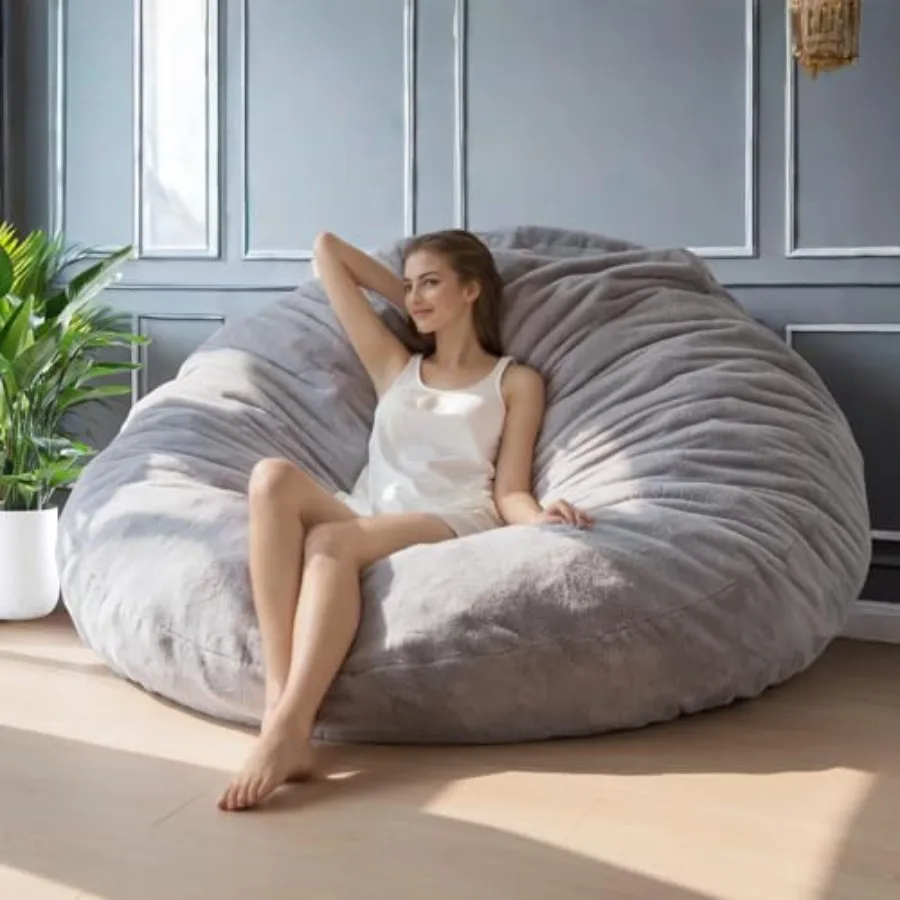 3 in 1 Bean Bag Chair Convertible Chair Folds from Bean Bag to Lounger High-Density Foam Filling Faux Fur Big Sofa Bed Giant Be