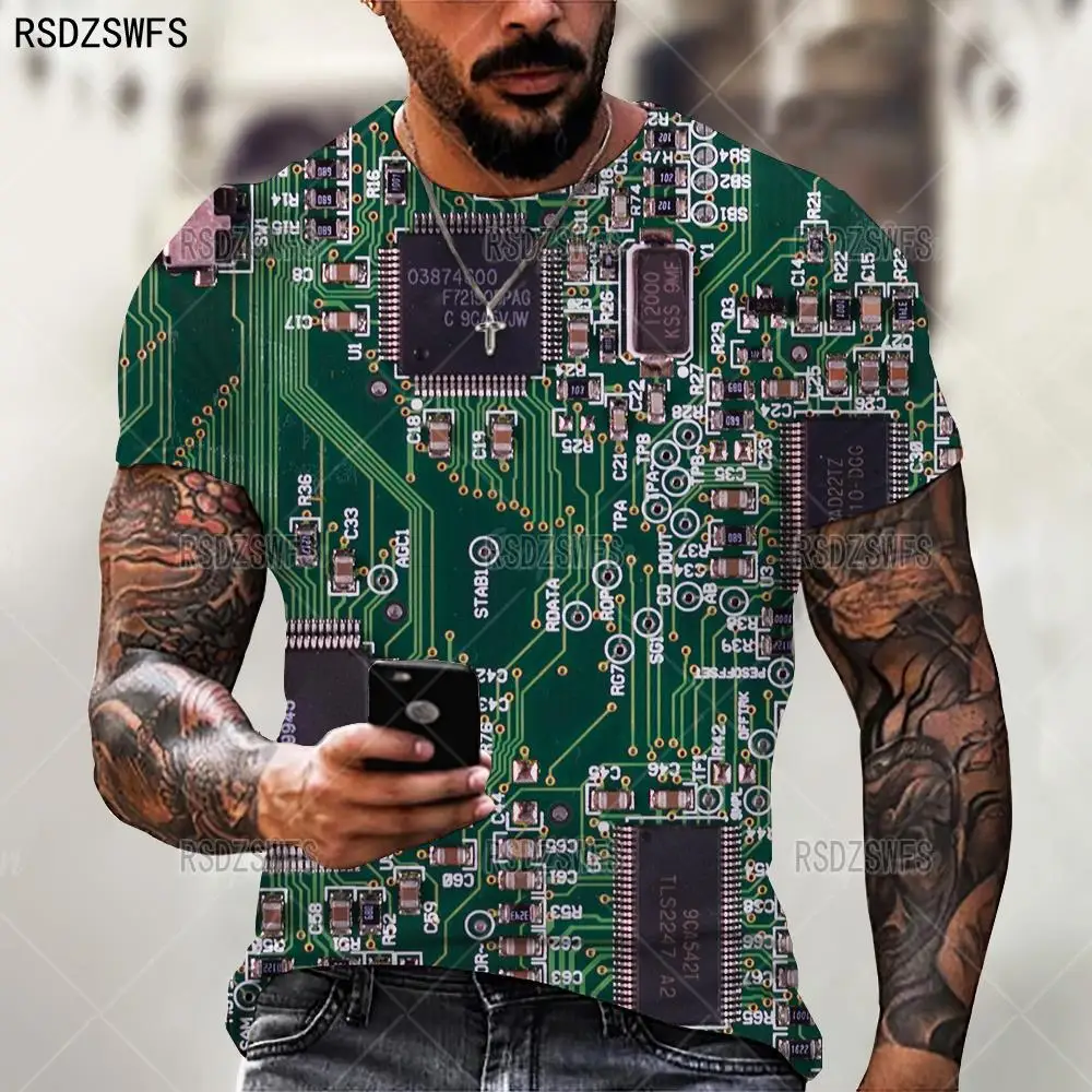 Hip Hop Electronic Chip 3D T-Shirt Harajuku O-Neck Short Sleeve Tees Tops 5XL MenT Shirt Summer Machine Printed Oversized