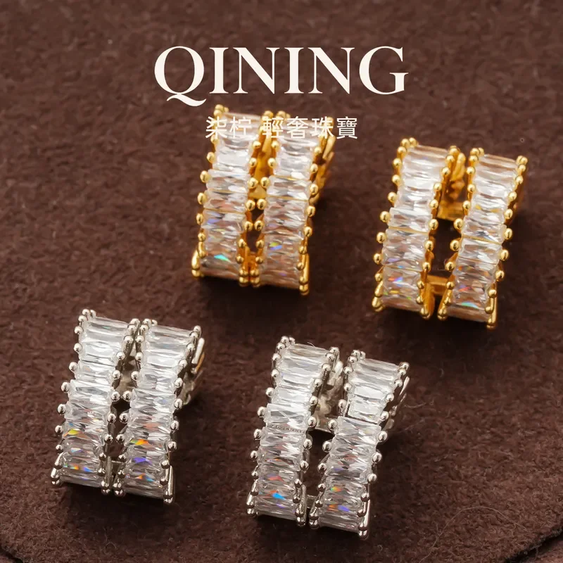 London Metropolis, ladder square diamond double-layer C-shaped ear clips, women's ear-less commuting versatile earrings,