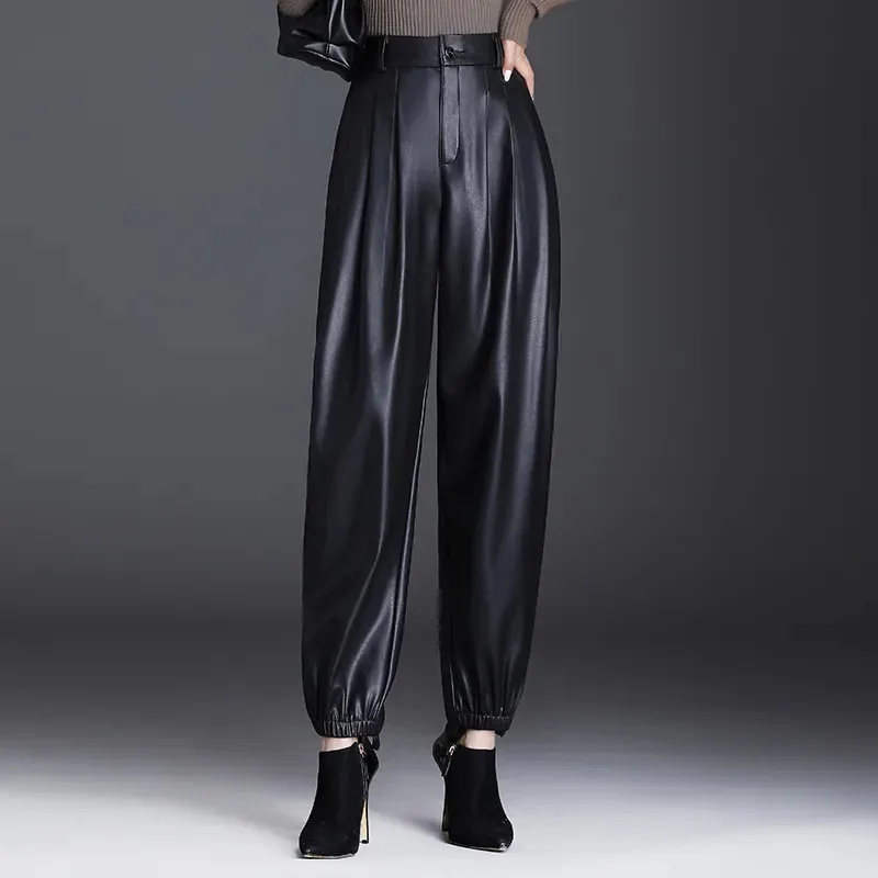 Black Leather Pants Women Elastic Waist Harem Pants 2022 Autumn Winter New Thin Velvet High Waist Female Fashion Loose Trousers