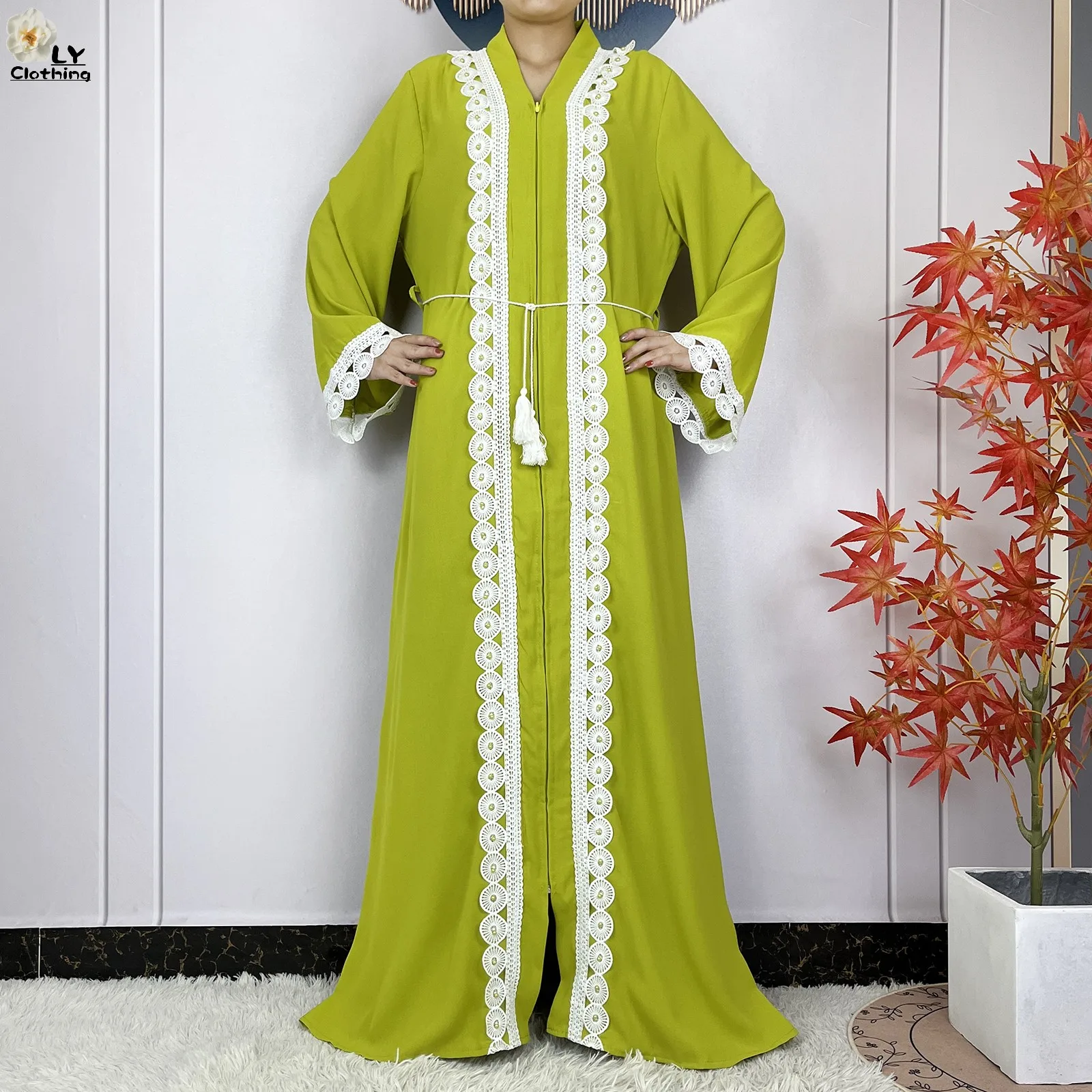 Latest Muslim Women Long Sleeve Elegant Dresses 2024 Dubai Fashion Chiffon Soft lace Zipper Robe African Abaya Casual Clothing