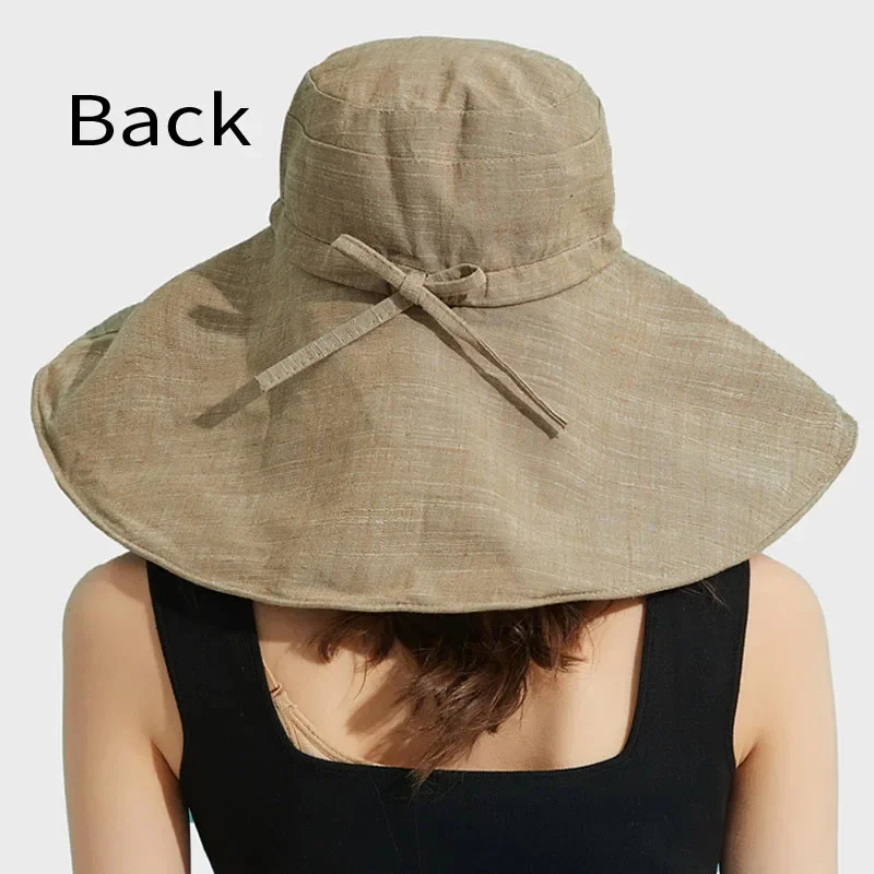 Summer Wide Brim 18cm Linen Sun Hats for Women Uv Protection UPF 50+ Sunshade Foldable Bucket Hat Beach Outing Panama