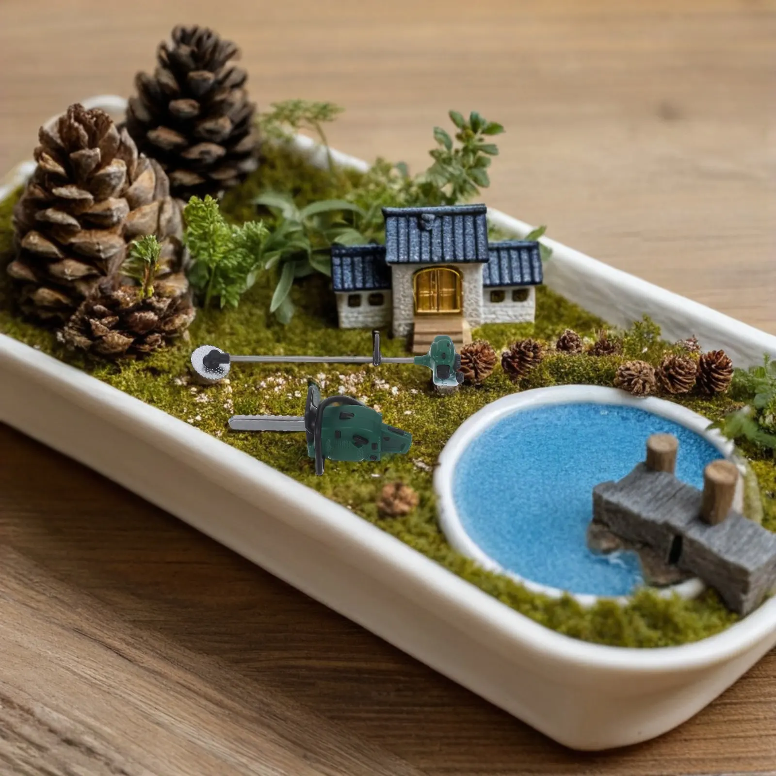 2Pcs Miniature Dollhouse Chainsaw Set Realistic Simulated Garden Tool Accessories Outdoor Landscaping Decoration Creative