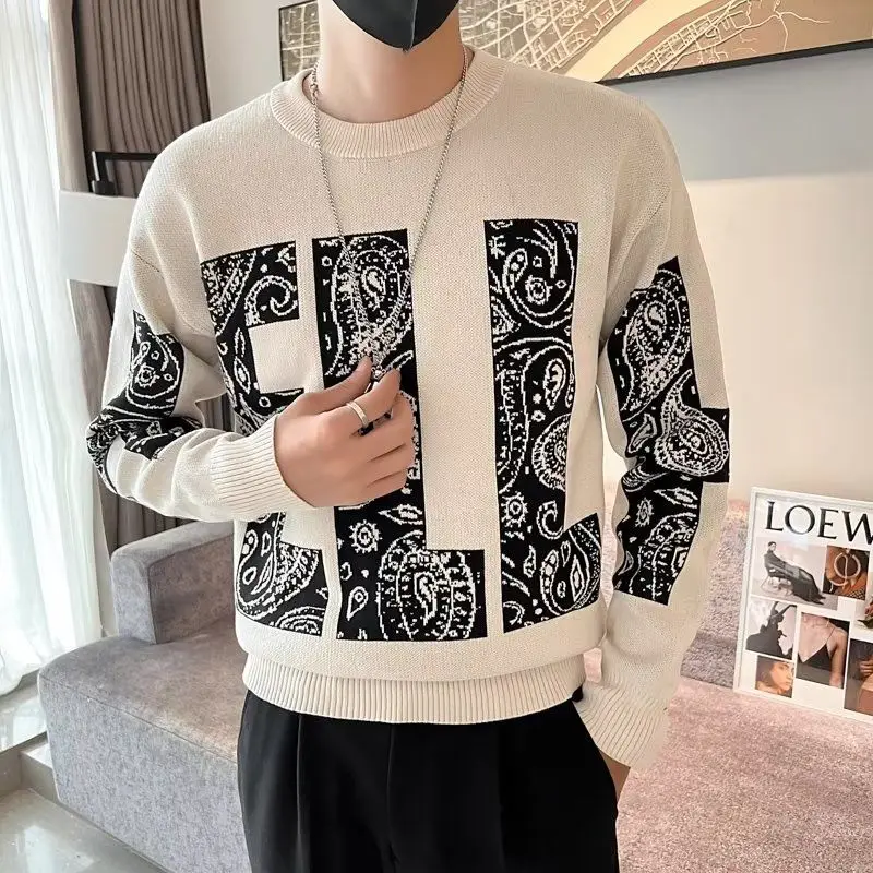 

Korean Paisley Printed Sweaters Letter Autumn Winter Round Neck Men's Clothing Loose Young Style Basic Casual Knitted Pullovers