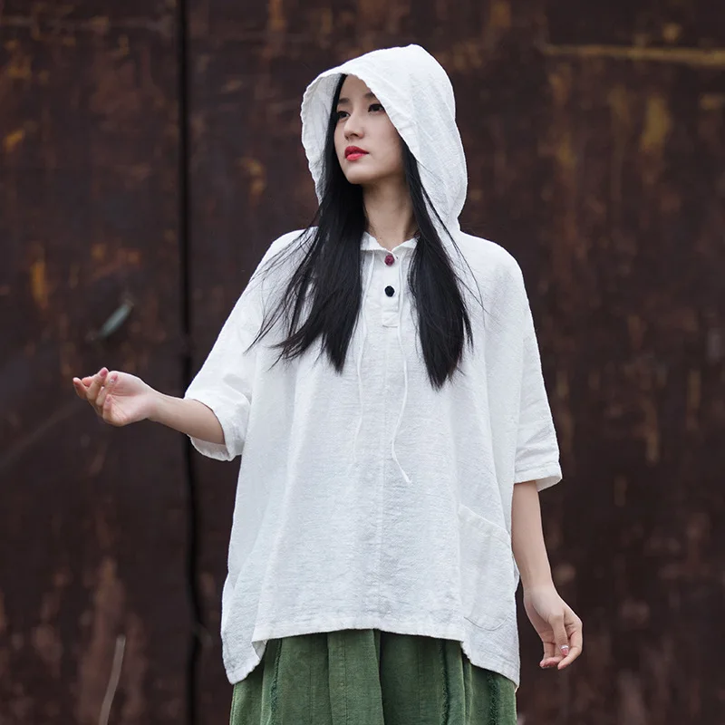 Retro Harajuku Cotton Linen Hooded T-shirt Women's Loose Fit Hoodie Short Sleeves Pullover Buttons Summer Shirt Women Clothing