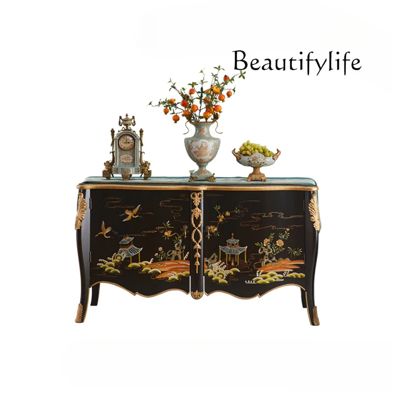 

Solid wood painted entrance cabinet, living room storage, dining side cabinet, neoclassical retro black entrance