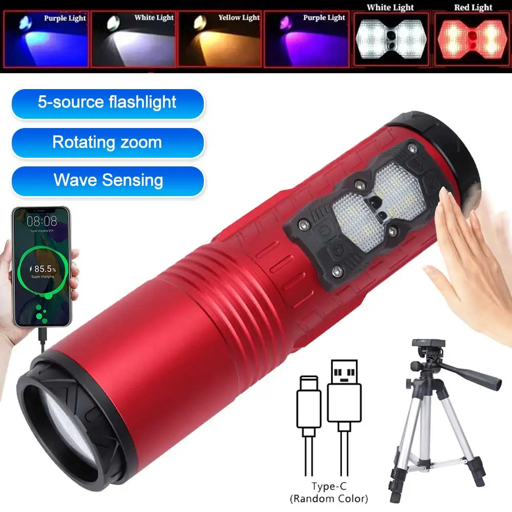 30W Super Bright Zoom Night Fishing Flashlight 5 Light Sources Blue UV White Yellow Red Light