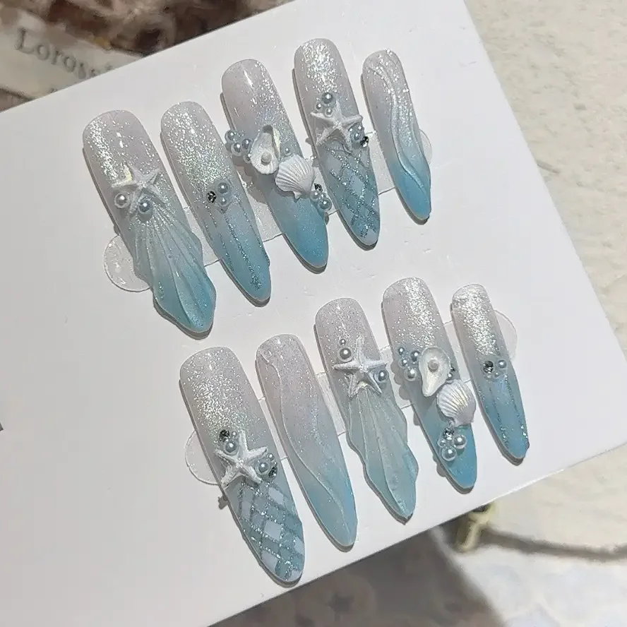

Blue Sea Dreamy Ocean Long Handmade Press On Nails 3D Summer Pearl Shell Starfish Glitter Fake Nails Beach Essentials Nail Art