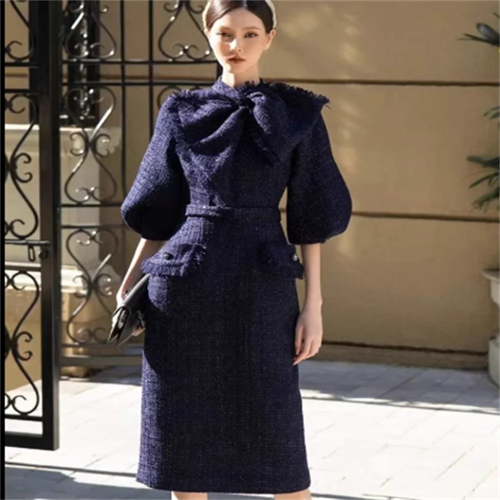 Spring autumn women's tweed bow knot lantern sleeves slim dress