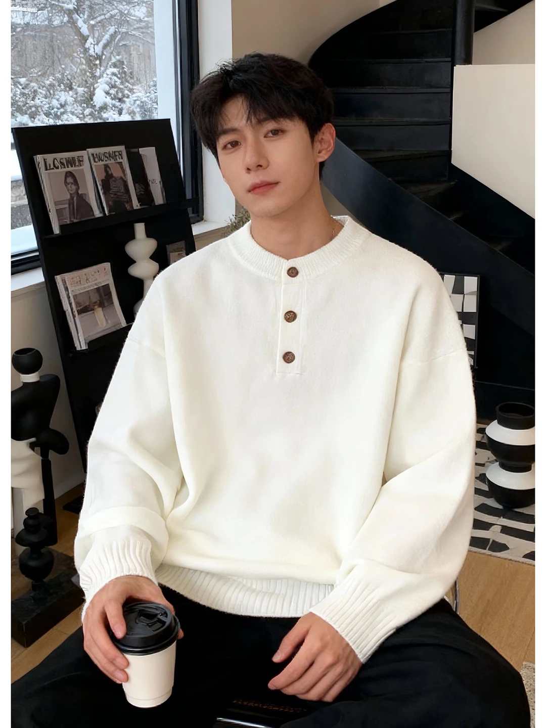 

White Henry Collar Knitwear Men's Autumn Winter Korean Sle Lazy Faion Warmth Inner Wear Outer Wear Comfortable Soft Long ...