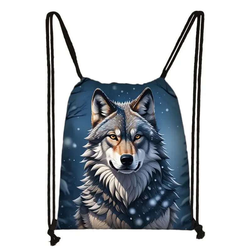 Howling Wolf Under The Moonlight Print Backpack Women Drawstring Bags Outdoor Casual Shoulder Bag for Travel Storage Bags Gift