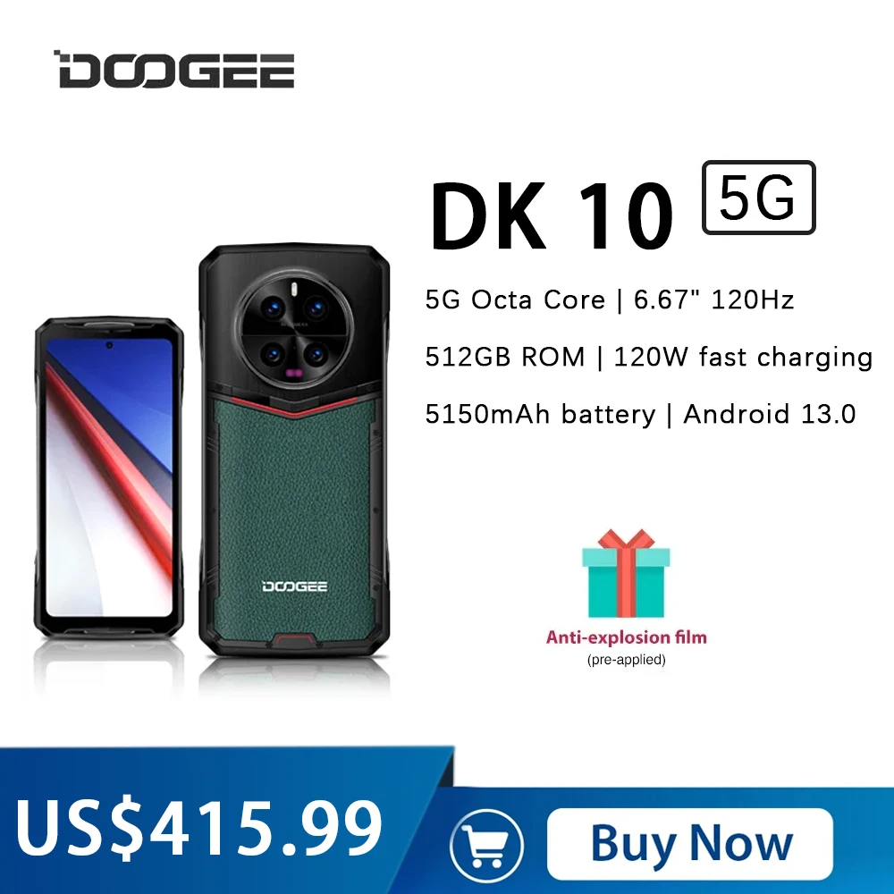 هاتف ذكي متين 5G Doogee-DK 10 ، Dimensity ، 32GB RAM ، GB ROM ، 0.5 "، 50mp ، K AMOLED ، K AMOLED ، شحن سريع ، خلية 50mp