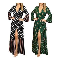 Fashion Printing Long Sleeve Side Split Maxi Dress For Women Sexy V Neck Loose Causal Robe Female Elegant Streetwear Vestidos