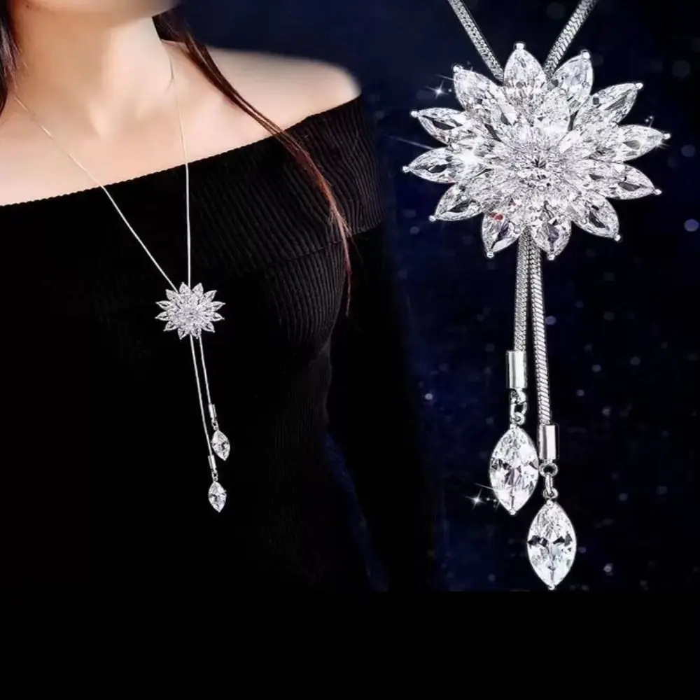 Nova flor de cristal pingente de cristal corrente longa liga camisola corrente jóias elegante borla pérola pingente para mulher