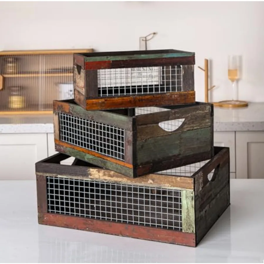

Rustic Wood Nesting Crates, Farmhouse Distressed Wooden Storage Boxes, Decorative Reclaimed Wood Organizer Baskets with Wire Me