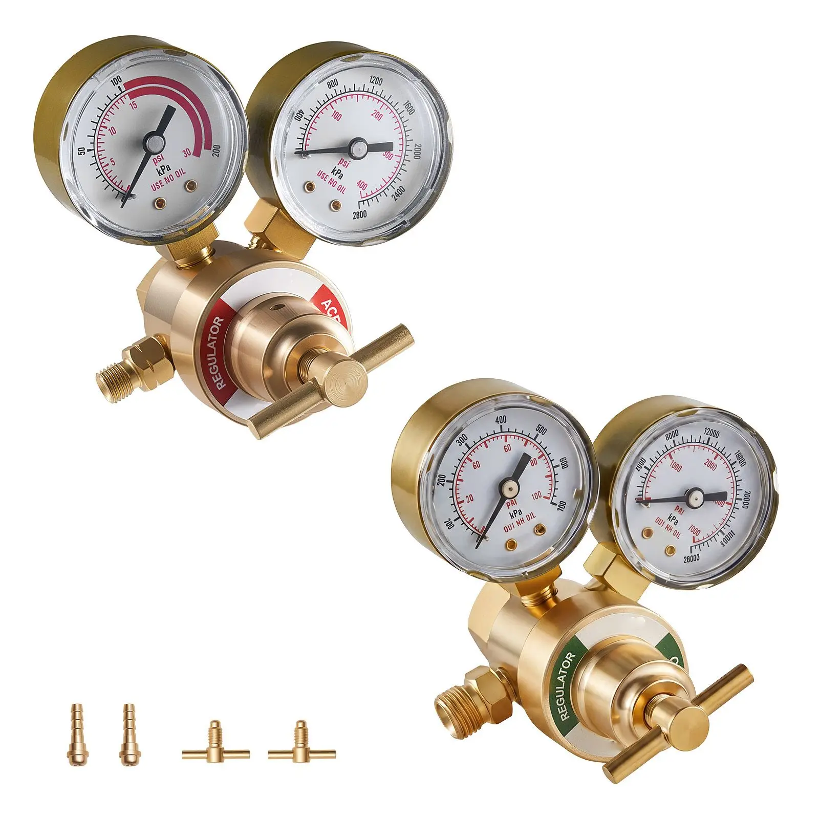 Oxygen Acetylene Regulator Set, Oxy-Acetylene Regulators, 0-4000PSI and 0-400PSI Welding Gas Gauges with CGA-540/CGA-200 Inlet Connection & 9/16