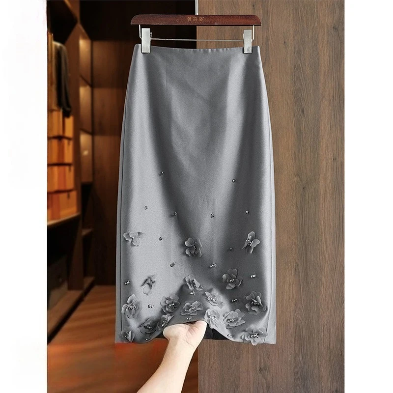 

Новая элитная элегантная юбка с 3D цветком, женская офисная женская юбка с высокой талией, тонкие модные юбки трапециевидной формы с разрезом, однотонные юбки для вечеринок