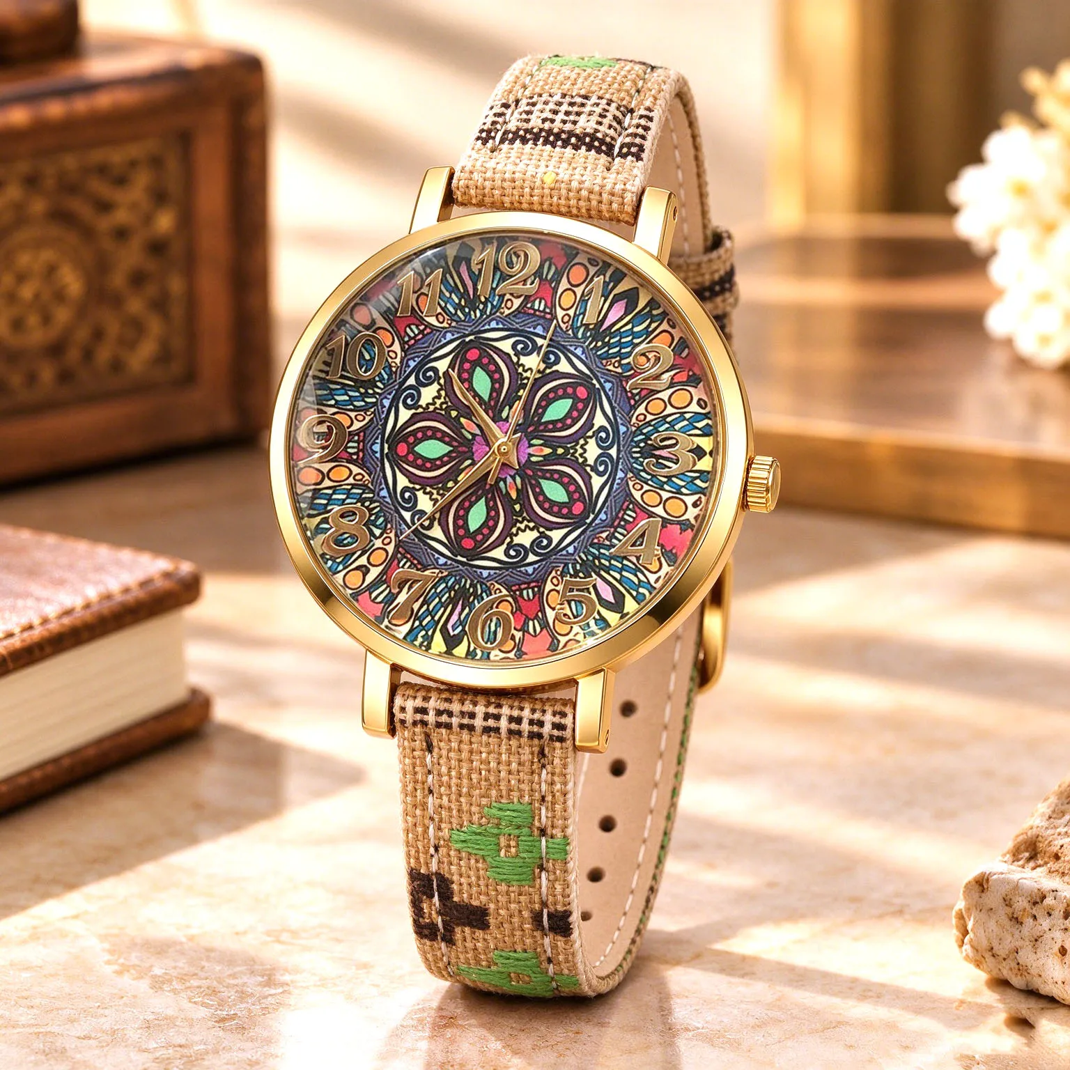 1Pc Elegant and Fashionable Bohemian Retro Style Large Dial Multi-Color Watch with Arabic Numeral Scale Pu Leather Strap Women's Quartz Watch Student Stylish Outfit Watch