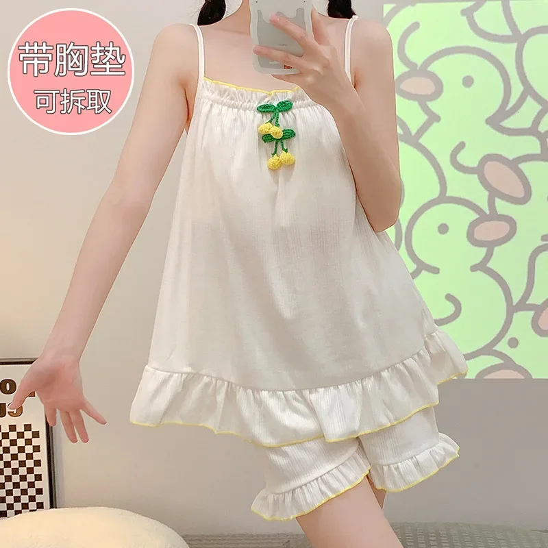 

5XL Large Size Women Cotton Two Pieces Pajamas with Chest Pad Korean Sweet Outfits Summer Suspenders Home Clothes Soft Sleepwear