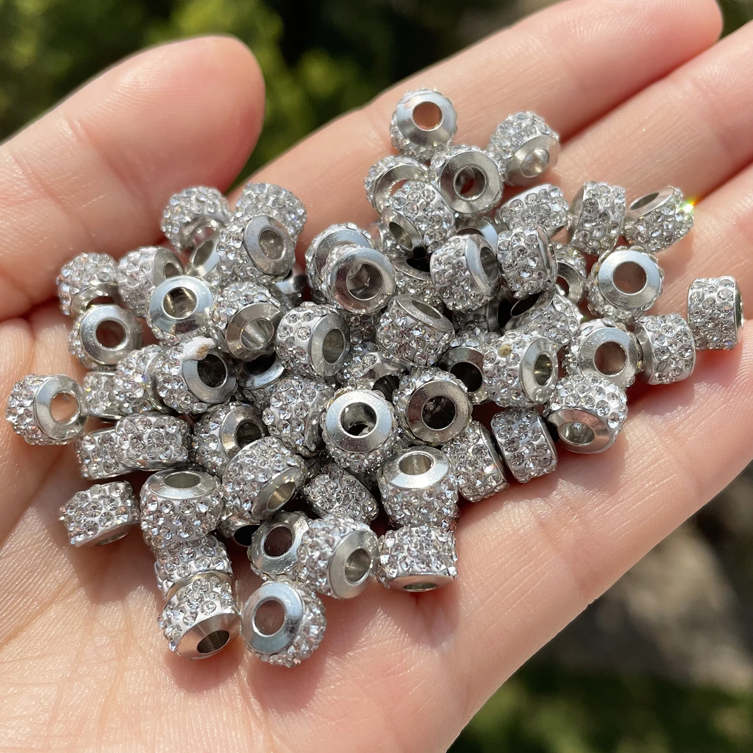 20pcs Large Hole Silvers Color Rhinestone European Beads Crystal Rondelle Spacer Charm Beads for DIY Bracelet Jewelry Making