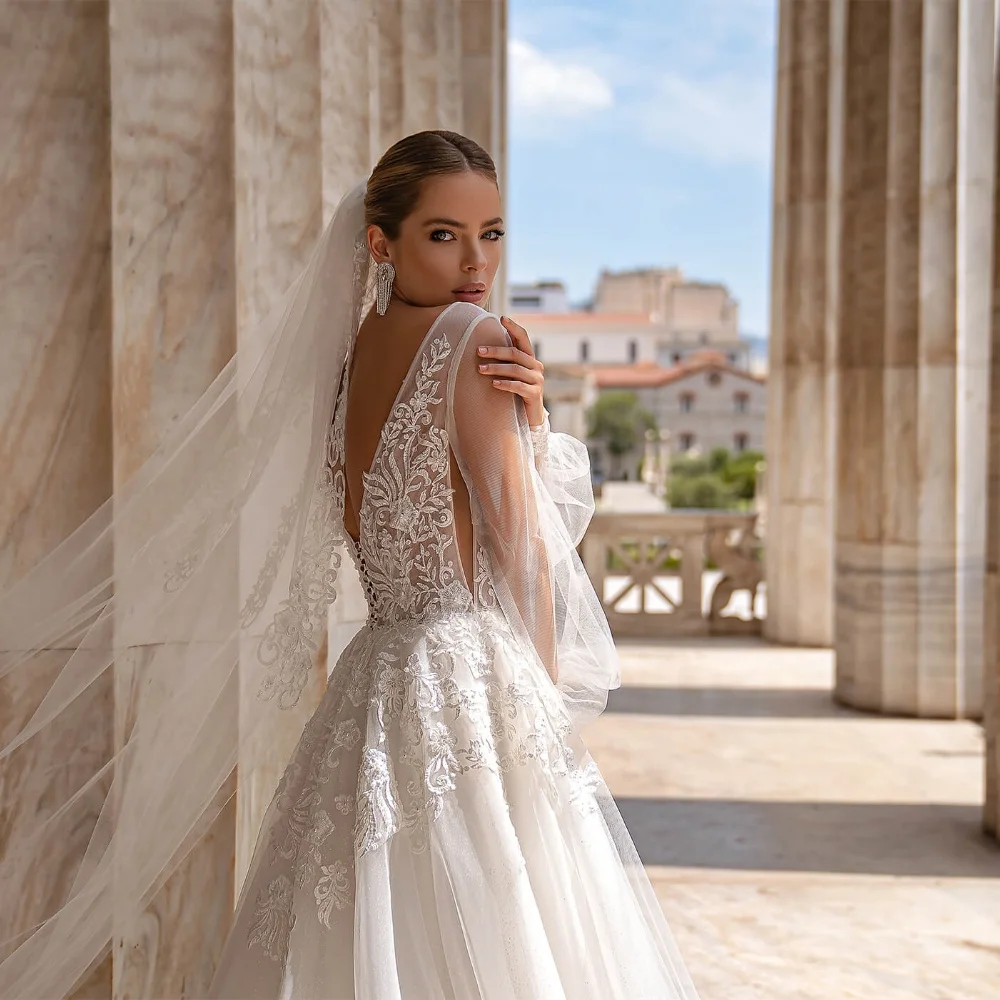 Precioso Vestido De novia De línea A personalizado para novia, Apliques De encaje De tul con cuello en V, Vestido De novia De manga larga hinchado, Vestido De YAW68