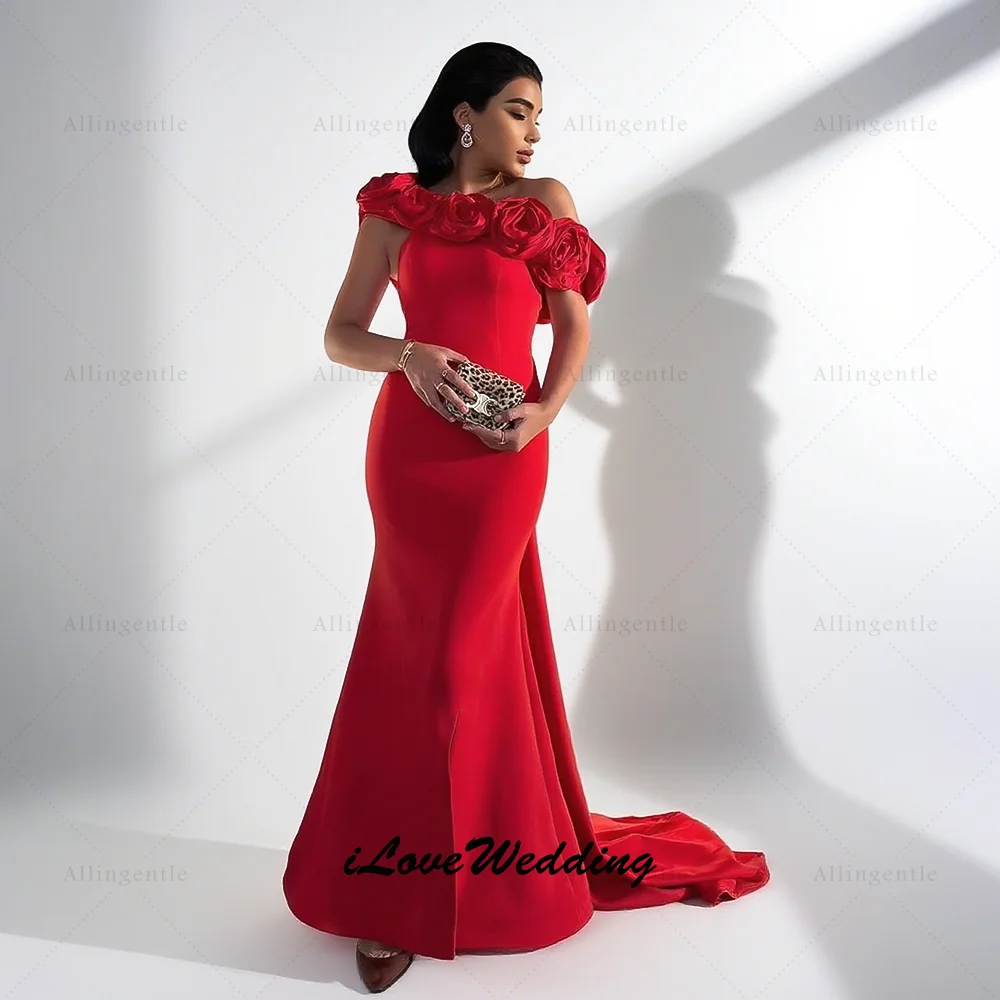 Longue robe de soirée rouge sans bretelles avec fleurs 3D épaule élégante robe de soirée de mariage en Satin robe de bal sirène arabe personnalisée