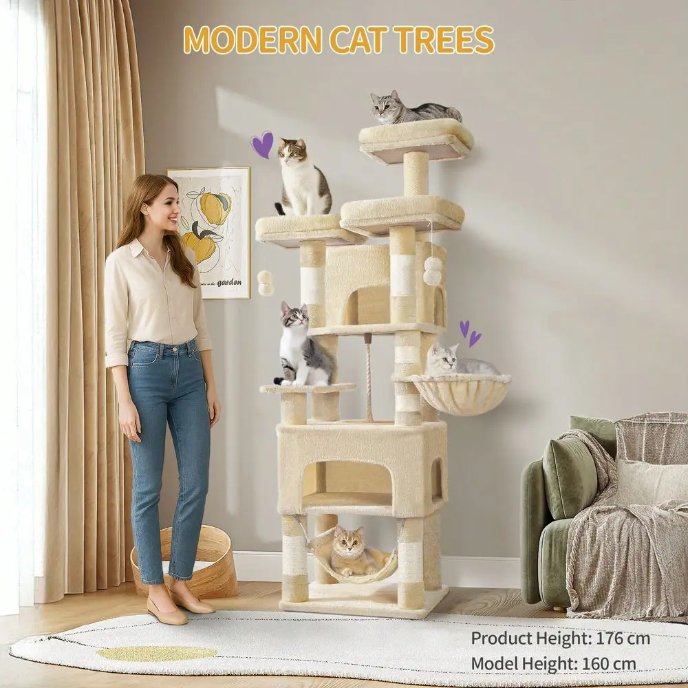 

XXL Cat Tree, 176cm Cat ching Post, 3 Platforms, 2 Cave Beds, 7 Sisal Column With Hammock, HeavyDuty For MultiCat Homes, B