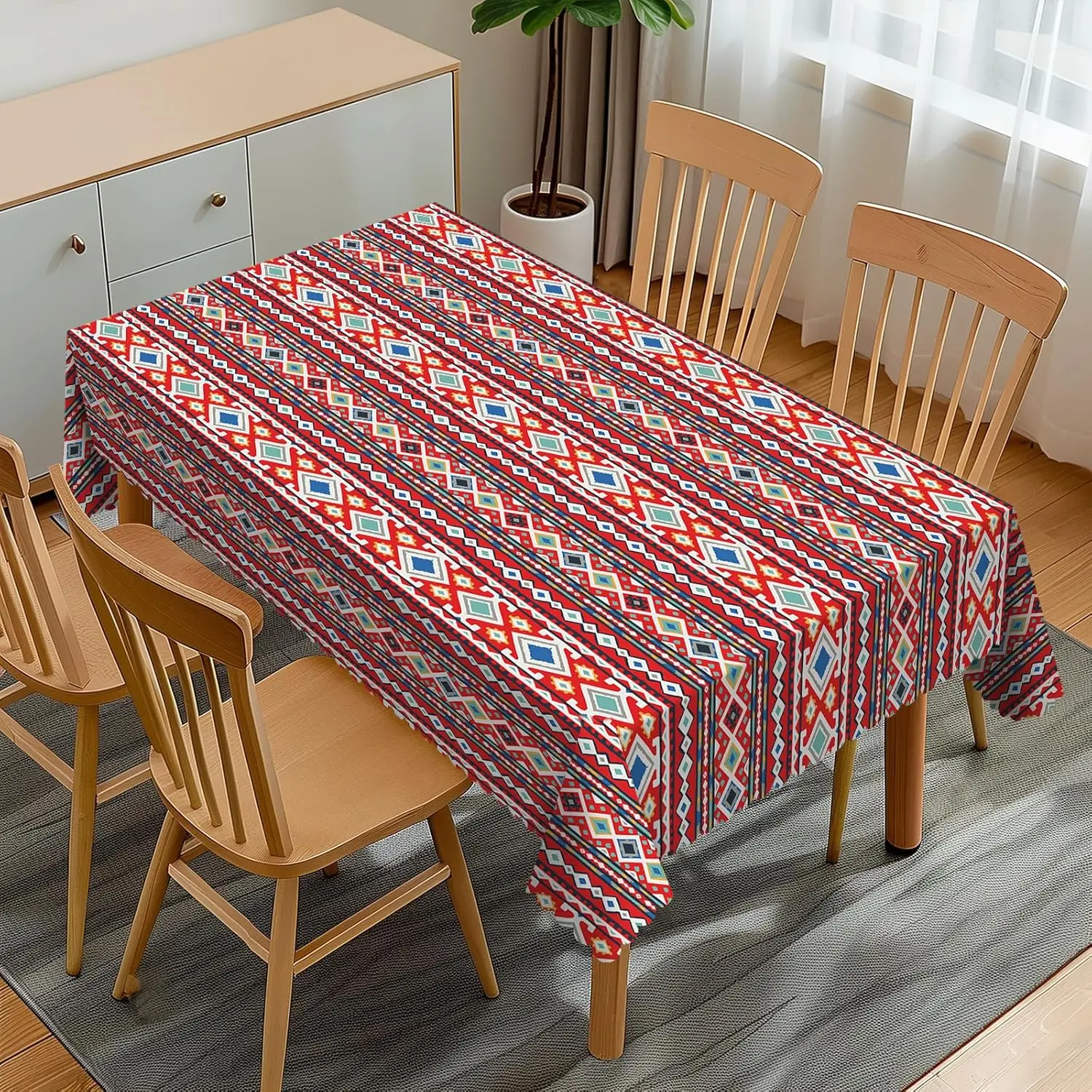 Red Boho Aztec Geometric Stripe Waterproof tablecloth table decor Reusable Kitchen dining tablecloth Holiday party decor