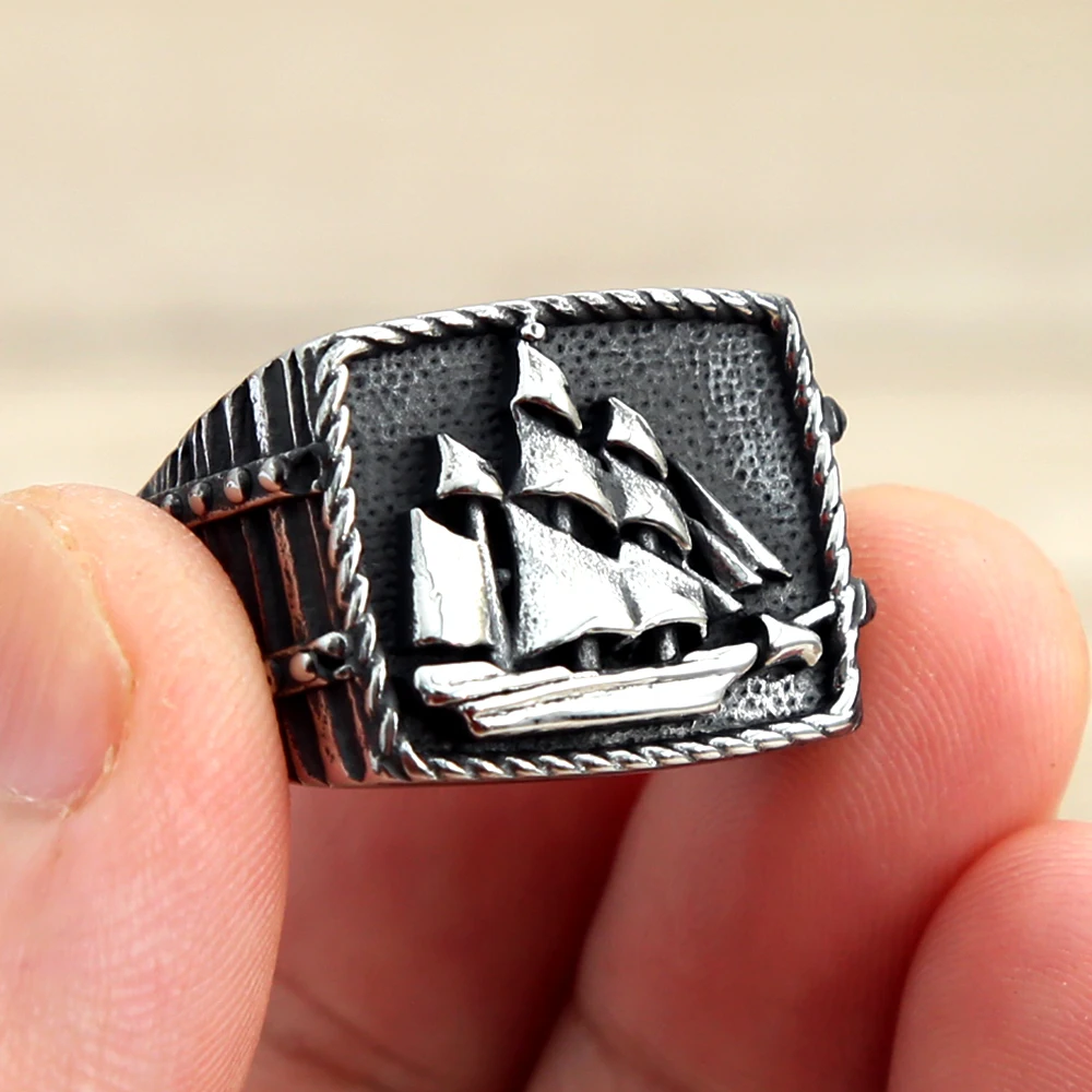 Vintage Viking Pirate Sailboat Ring Men's Stainless Steel Biker Rings Cool Male Gothic Sailor Lucky Amulet Jewelry Wholesale