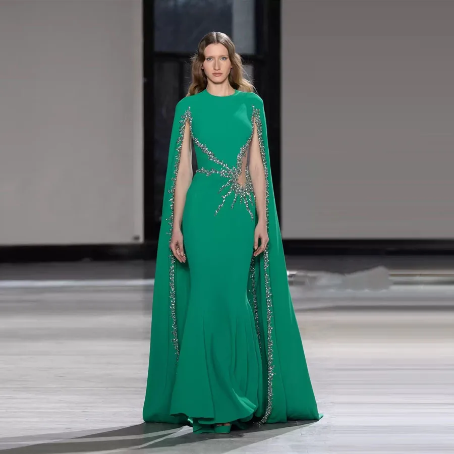 Saudi Arabic Prom Gown Mermaid Cloak Sleeve Beading Embllishment Evening Party Dress Green Dubai Prom Gowns Pearls Luxury