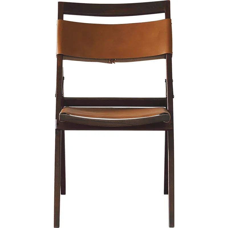 Japanese antique replica Vintage solid wood leather dining chair, B & B retro old wood oil wax leather folding chair