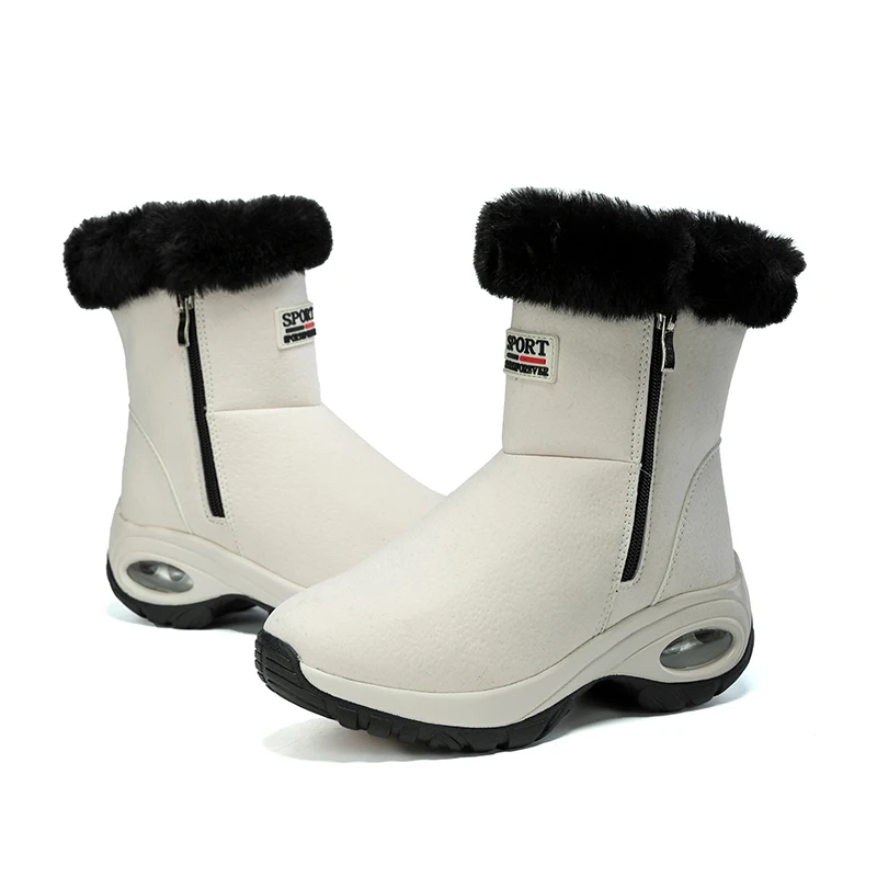 High-top Winter Boots Fur-Lined Snow Boots Air Cushion Sole Walking Shoes Women's Zipper Boots Anti-slip Cotton Shoes