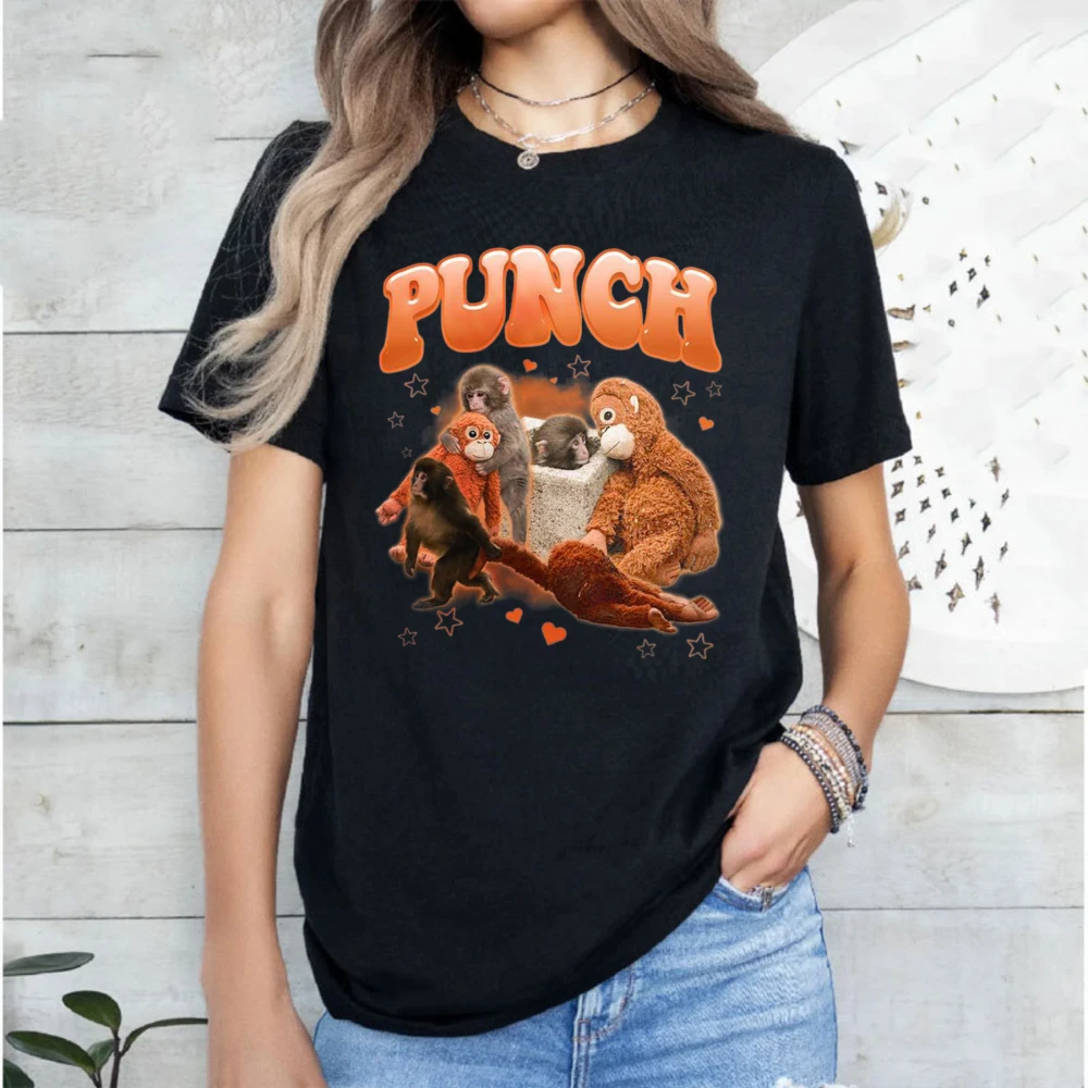 Punch The Monkey T-Shirt Emotional Support Plush Toy Graphic Tee Viral Sad Lonely Monkey Funny Casual Cotton Tops Animal Lovers