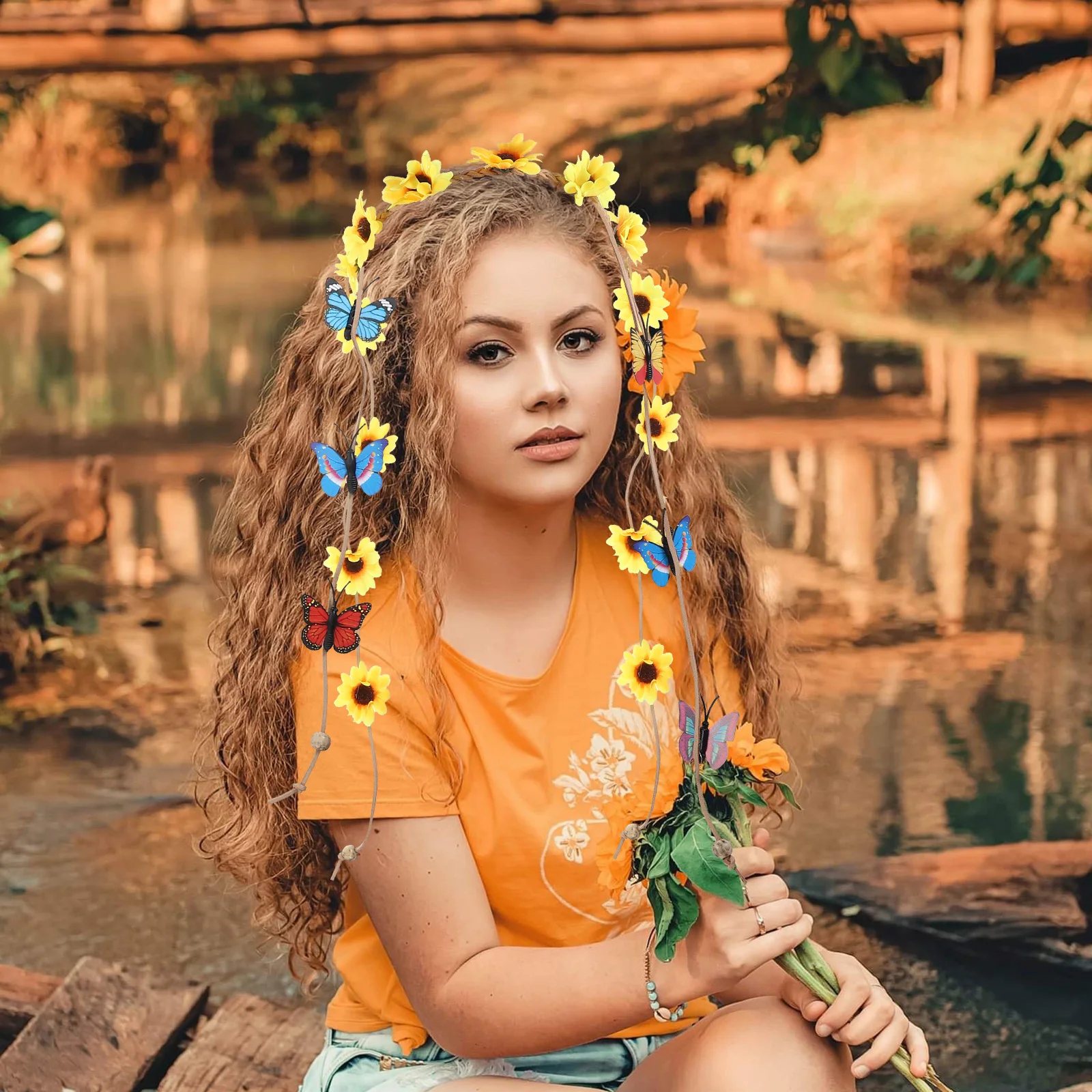 

Fabric Headband Women Sweet Sunflower Yellow Butterfly Tassel Adjustable Hair Accessories Floral Bohemian Party Weddings Proms