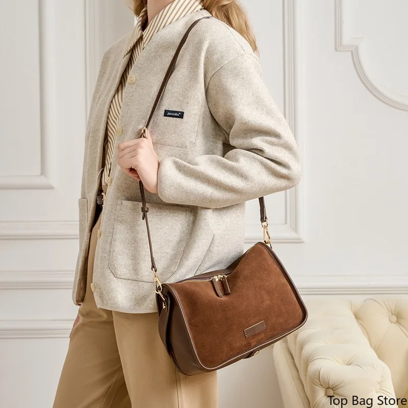 Elegant Vintage Everyday Work Soft Suede Shoulder Bag for Women Genuine Leather Adjustable Strap Large Capacity Luxury Handbag