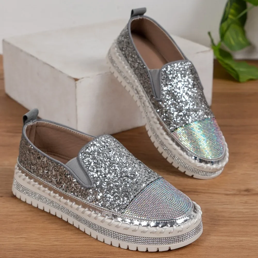 Women Sneakers Luxury Designer Shoes Ladies Flat Sequined Sneakers Casual Women Mesh Lace-up Fine Diamond Sequins Platform Shoes