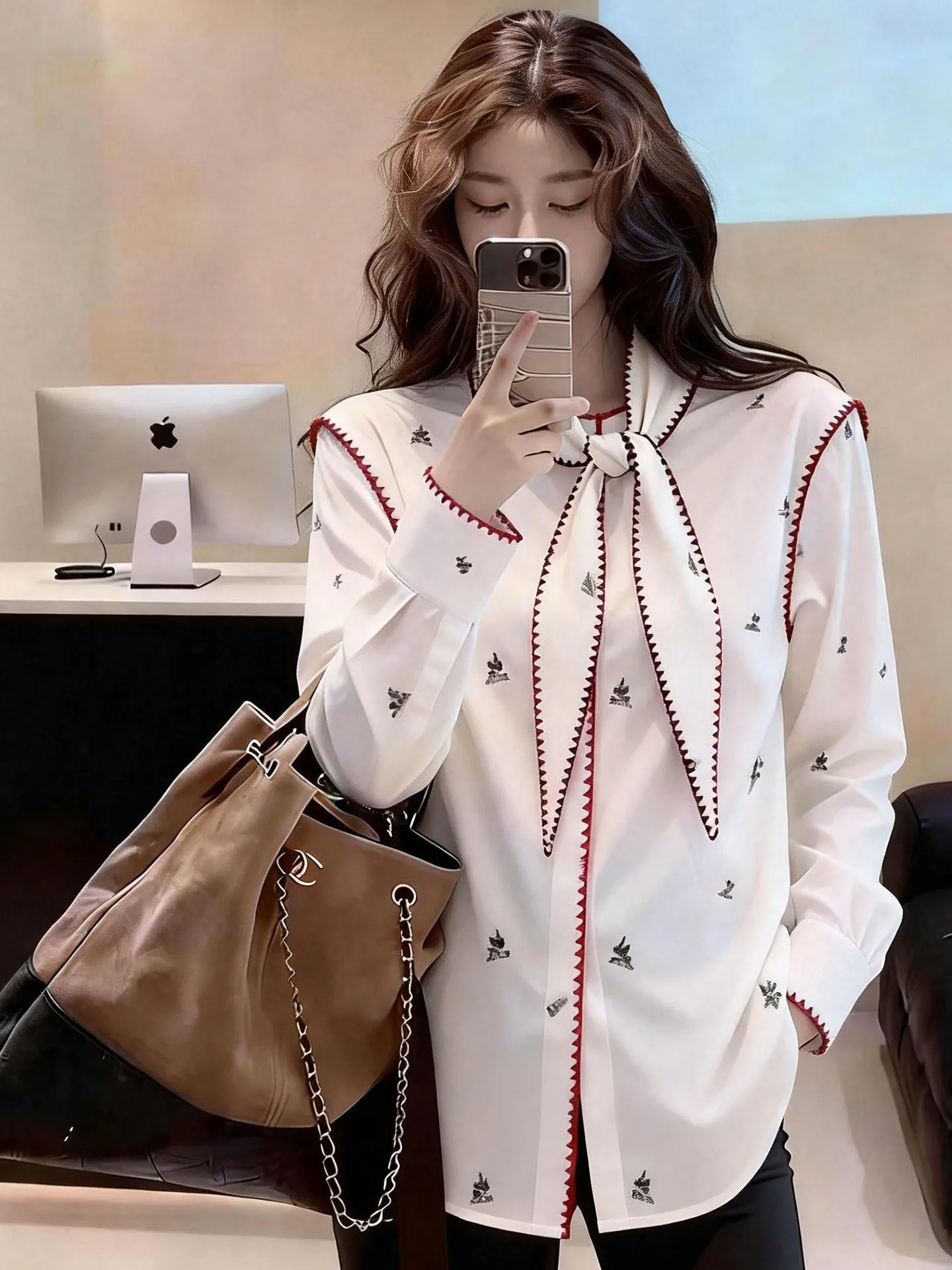 

Женская длинная блузка Ele Sweet Lady с принтом, весенняя новинка, высокое качество, нежный дизайн, стильный свободный крой для повседневной носки