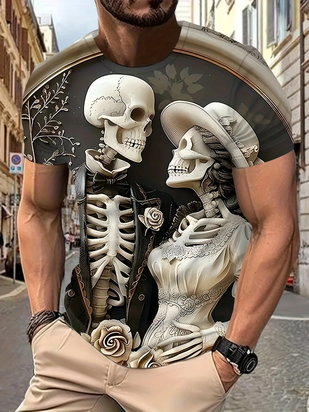 Men Gothic Skull Couple 3D Print TShirt Vintage Skeleton Bride Groom With RosesTee Dark Art Halloween Casual Short Sleeve Shirts