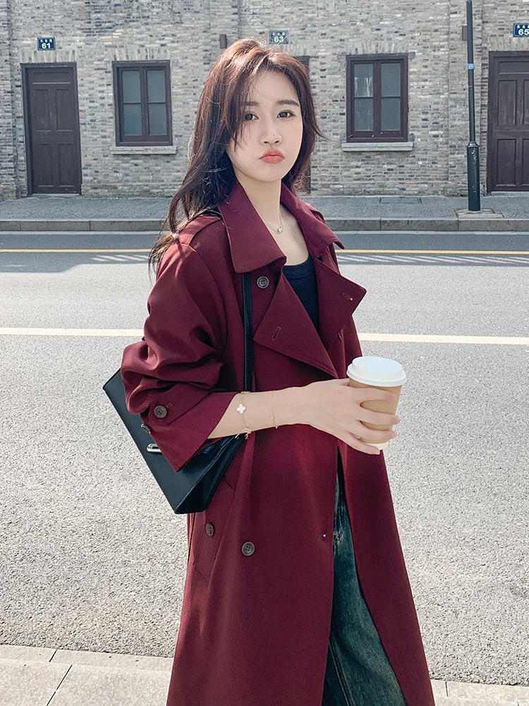 LANMREM Red Trench Coat Women Long Style Belt Waist 2025 Spring New High-end Windbreaker Office Lady Fashion Clothing 2DB1897