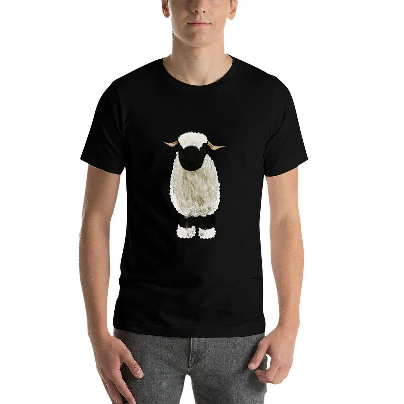 Valais Blacknose الأغنام الكرتون التوضيح تي شيرت مضحك تي شيرت الظلام الفكاهة المطبوعة تي شيرت للرجل تي شيرت