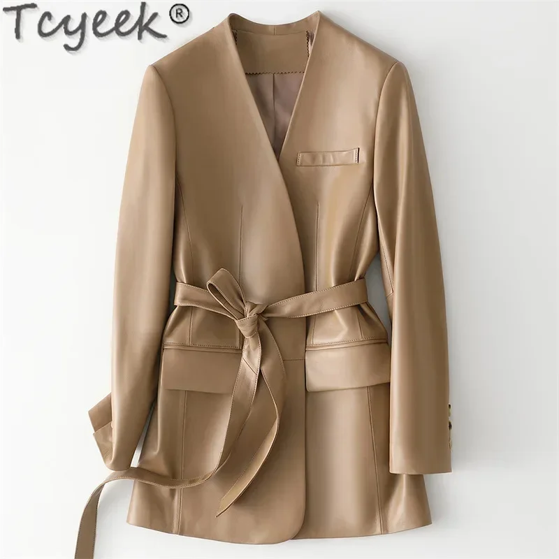 

Real Tcyeek Leather Jacket Women Autumn Fashion Lace-up Slim Korean Style 100% First Layer Sheepskin Long Coat Mujer Chaqueta FC