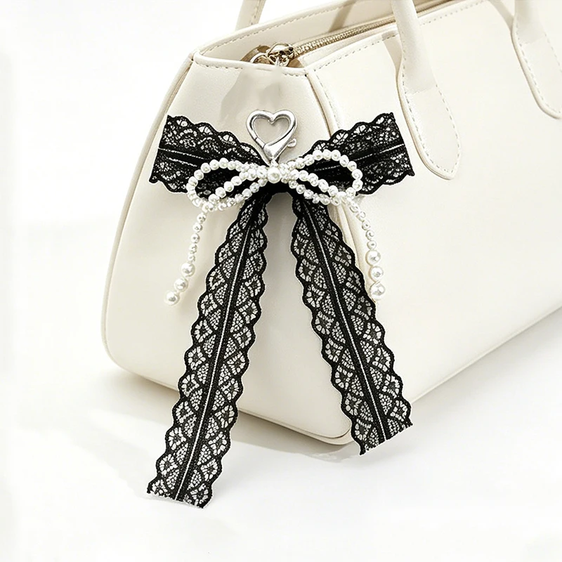 Imitation Pearls Lace Bowknot Keychain Sweet Beaded Pendant Keyring for Women Handbag Key Chain Exquisite Ornament