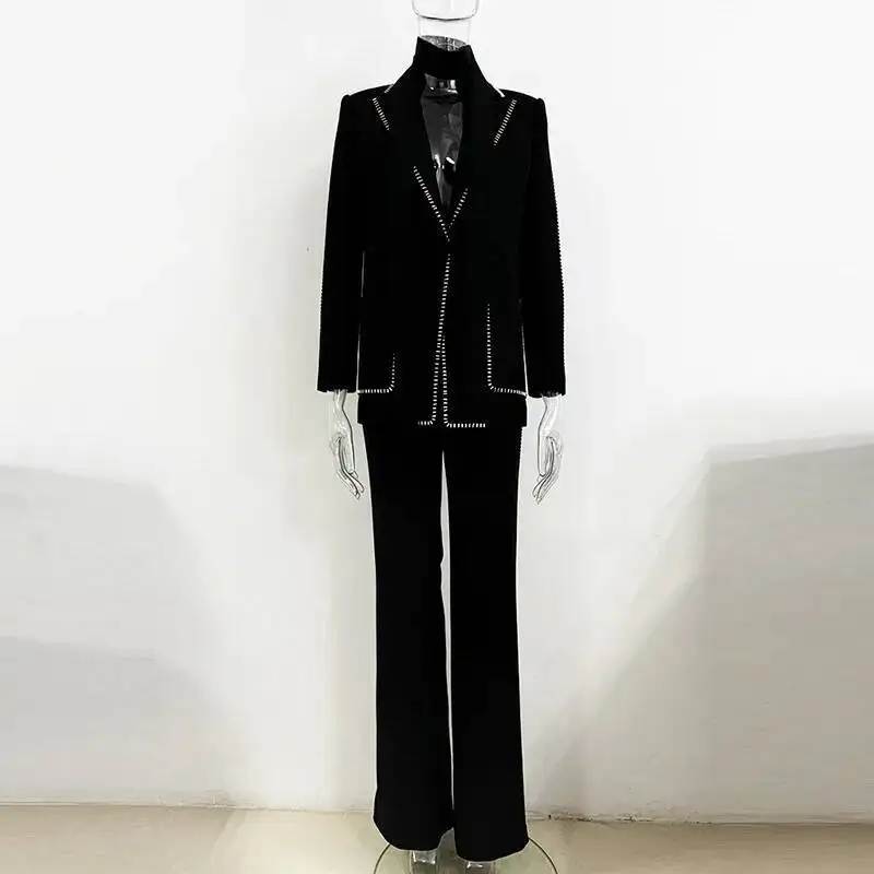Luxury 2 Piece Sets Women Quality 2025 Spring Beading Blazers Wide Leg Pants Formal Occasions Suits Coats 2pcs Outfits Office