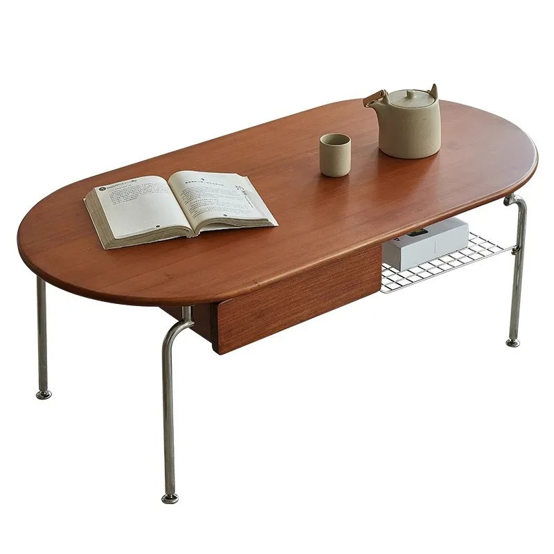 Coffee table living room household small apartment medieval retro oval solid wood with double-layer tea table balcony tea table