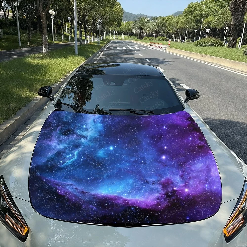 Purple Galaxy Car Hood Sticker PVC Self Waterproof Stick, Striking Auto Exterior Accessories Decor Protect Gift for Car Lover