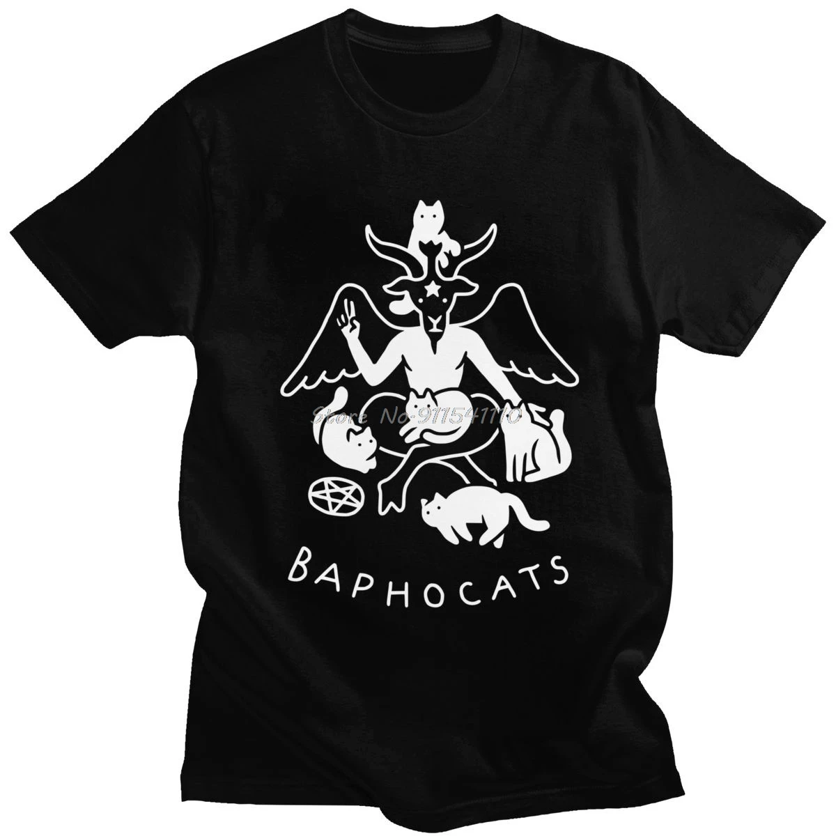 Baphocats T Shirt Men Pure Cotton Baphomet T-Shirt Satan Demon Tees Occult Goat Short Sleeve Streetwear Top Satanic Tshirt Merch